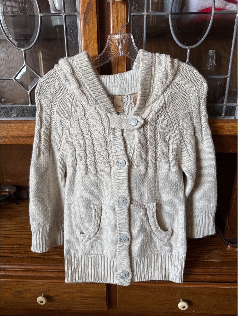 BKE Women's Large Cream Cable Knit Hooded Cardigan Angora Blend Metallic Shimmer